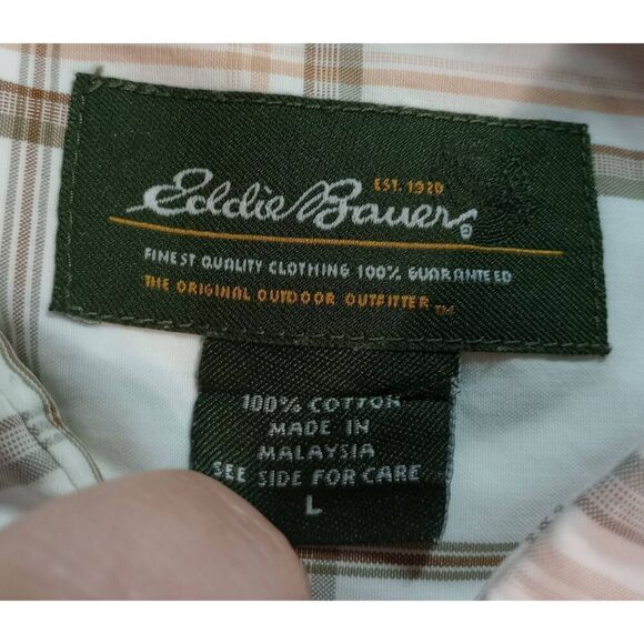 Eddie Bauer Shirt Men's Large White‎ Tan Button Front Short Sleeve - Picture 6 of 7